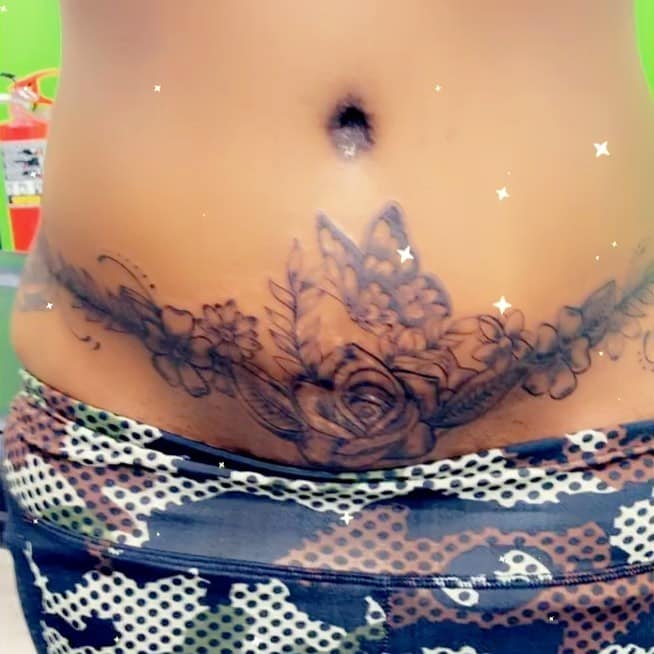 Butterfly and Rose Tummy Tuck Tattoo