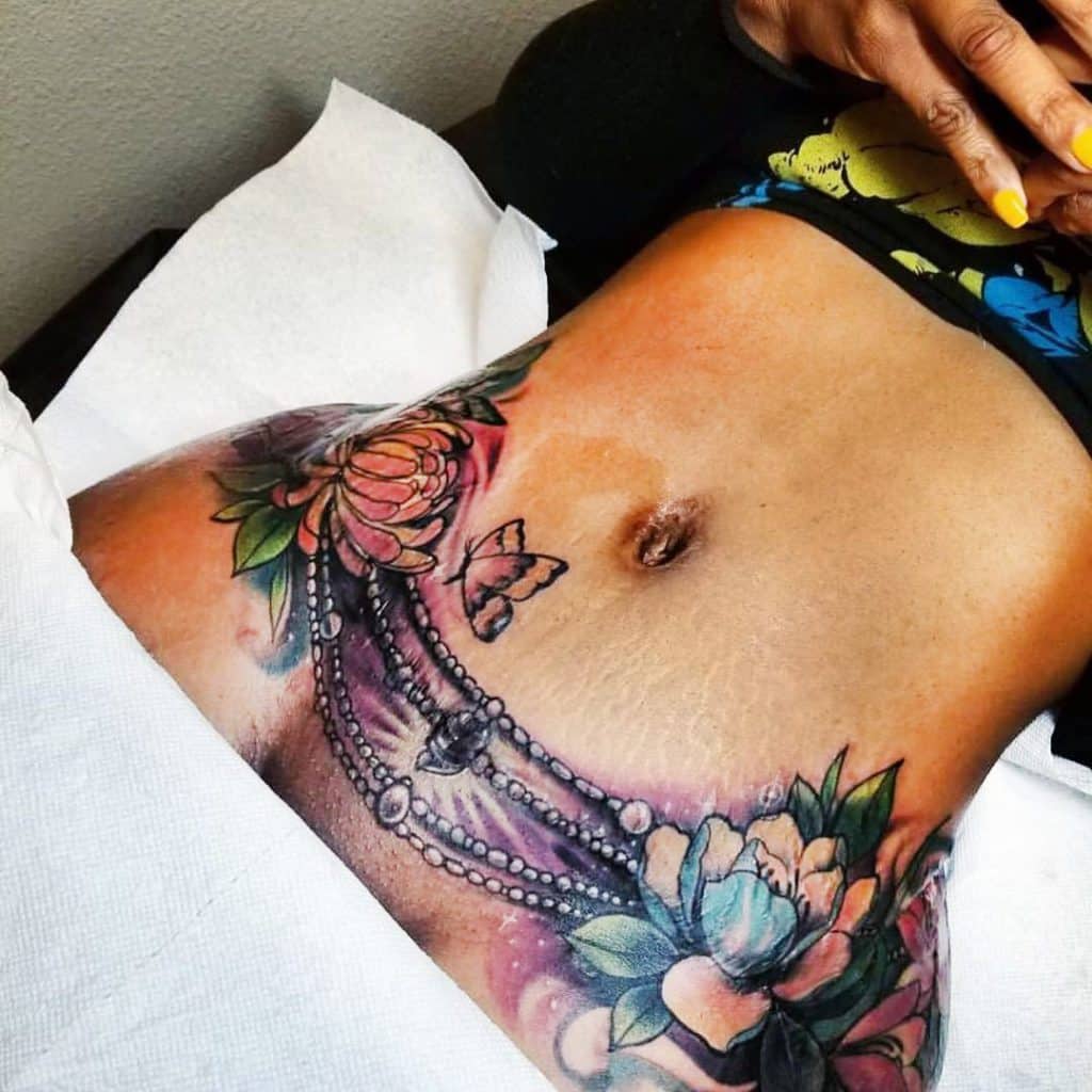 Colorful Tummy Tuck Tattoo