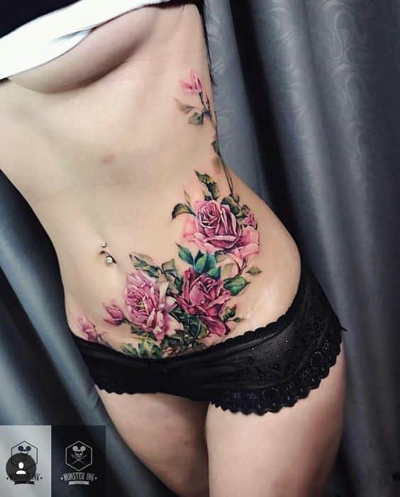 Large Rose Tummy Tuck Tattoo