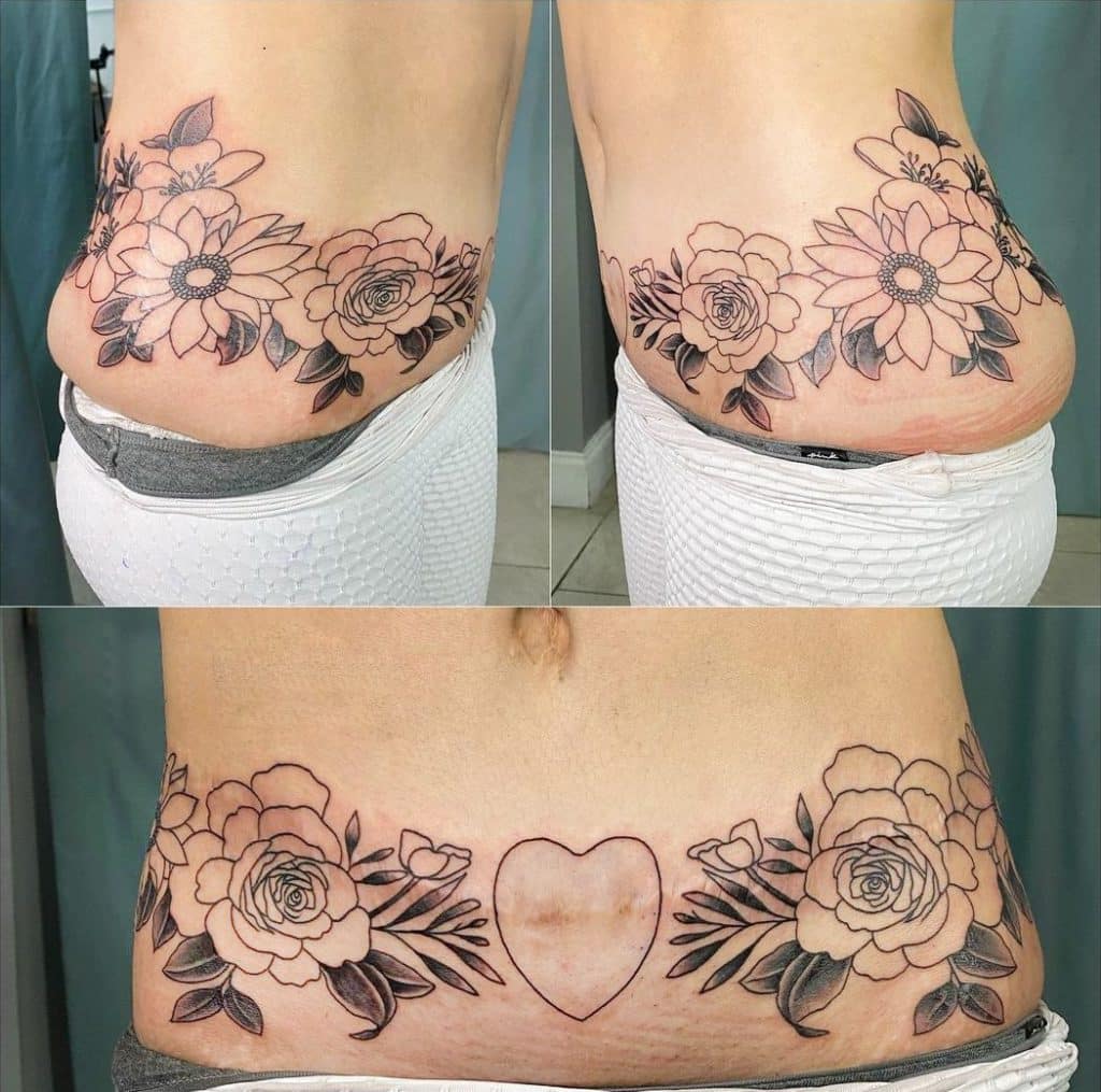Roses and Heart Tummy Tuck Tattoo