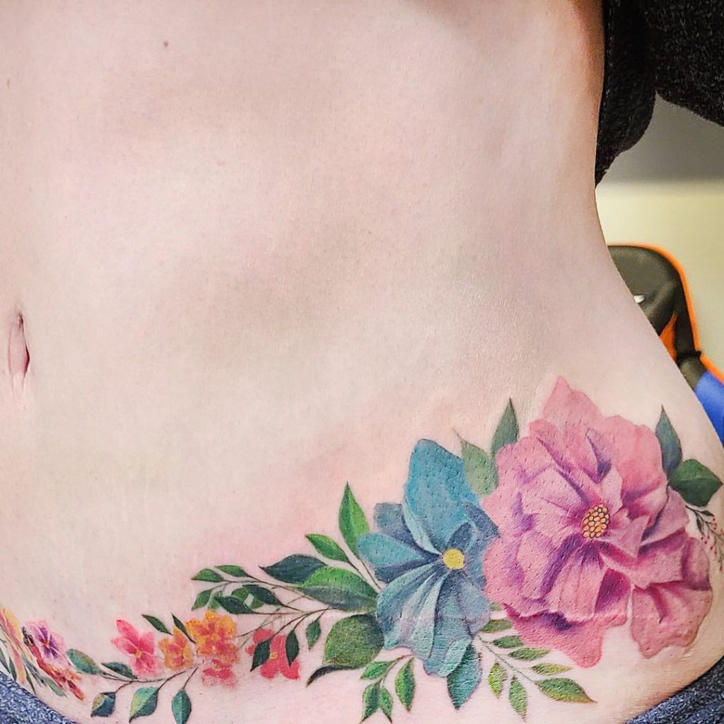 Spring Flowers Tummy Tuck Tattoo