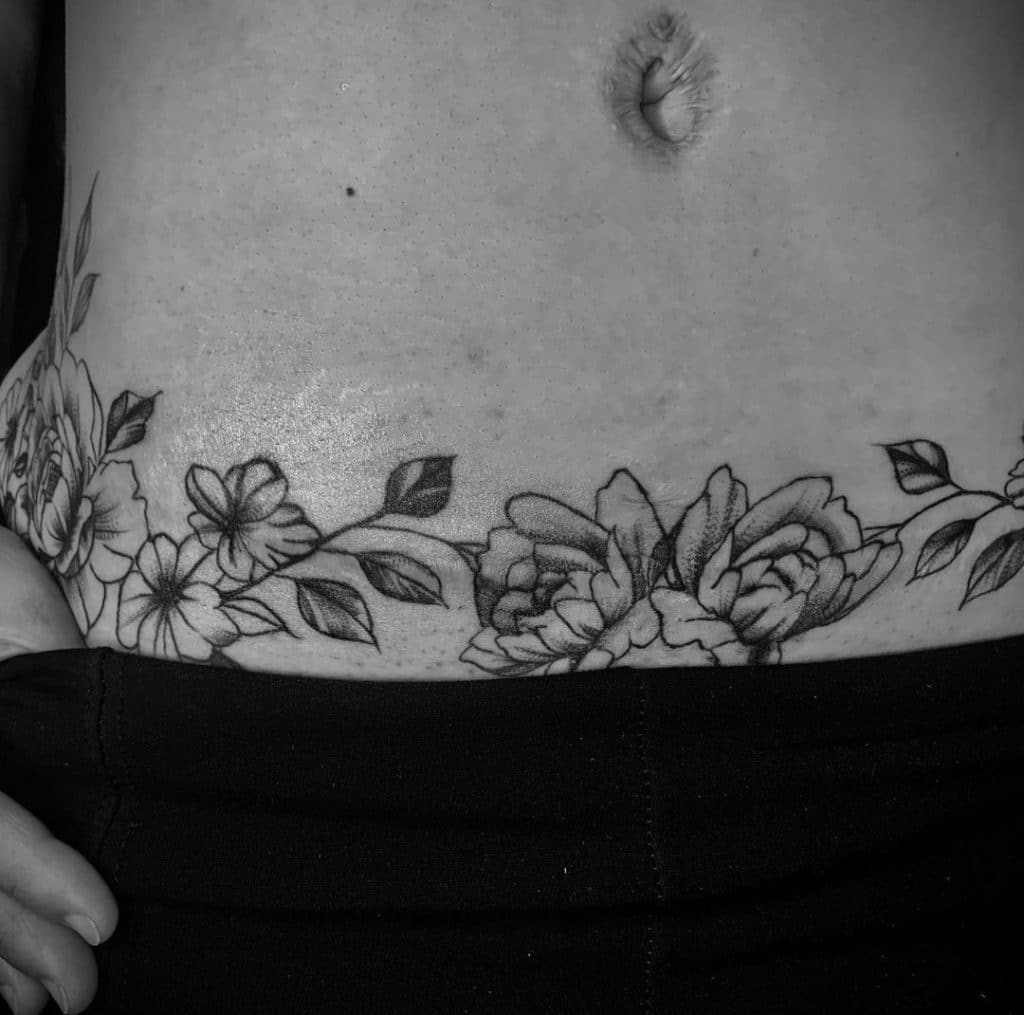 Winding Floral Tummy Tuck Tattoo